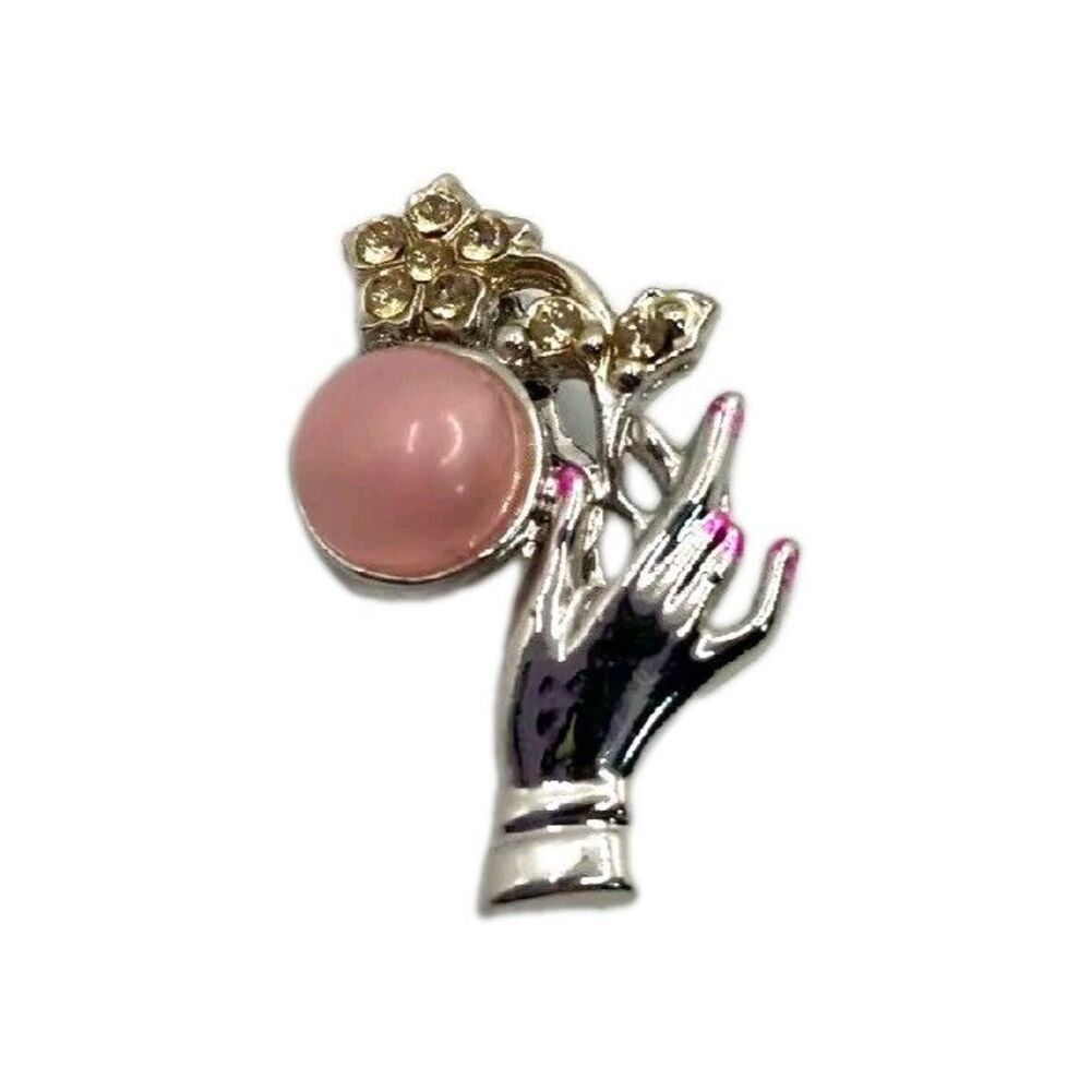 Vintage Silver Tone Hand Brooch Pink Stone & Flower Accent Feminine Art Deco Pin